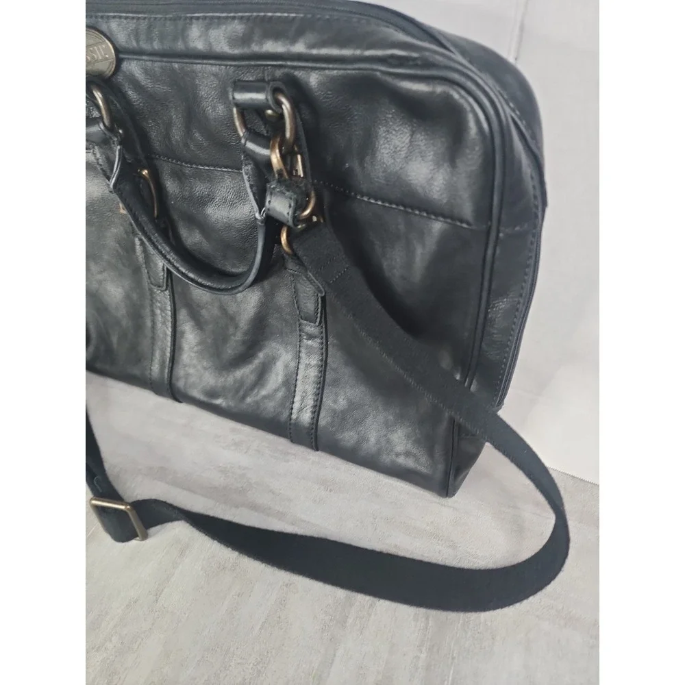 Fossil Black Pebble Leather Briefcase Laptop Bag Handles & Shoulder Strap